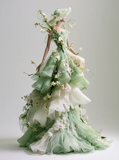 Sage Green Off Shoulder 3D Orchid Lace Organza Fairy Ball Gown  NV7466