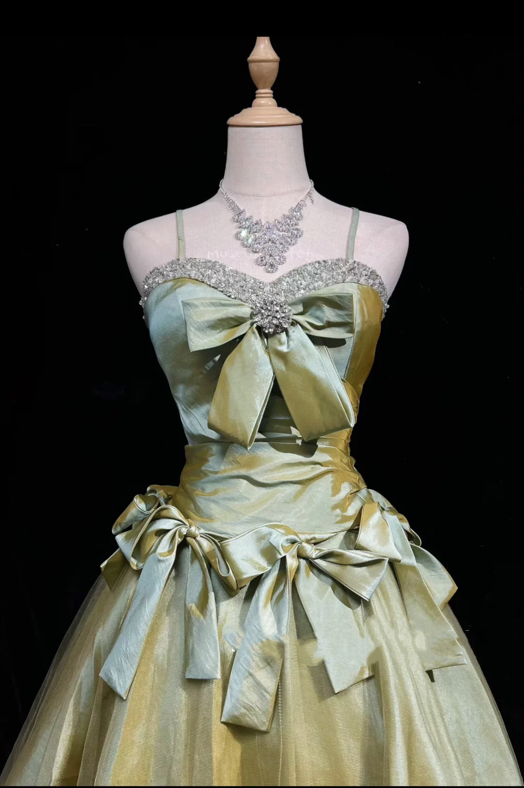 Sage Green Spaghetti Straps Short Prom Dress Rhinestone Trim Satin Bows Voluminous Tulle Mini Formal Gown  NV6894
