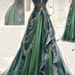 Green Vintage Elegant Lace Exquisite Beading A-Line Spaghetti Strap Tulle Satin Long Ball Gown Evening Dress nv3766