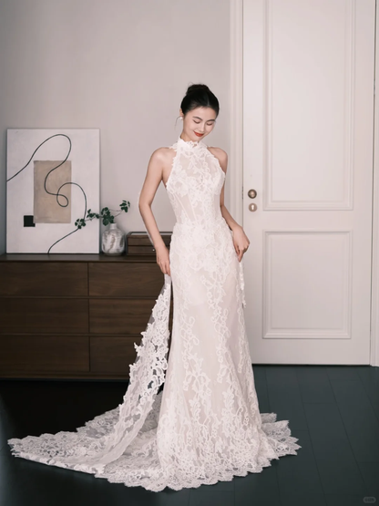 White Halter High Neck Lace Mermaid Wedding Dress  NV7229