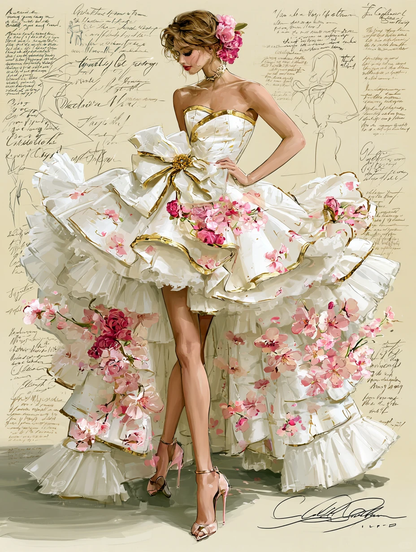 3D Pink Floral Strapless High Low Ruffle Prom Dress with Gold Trim & Big Bow  NV7400