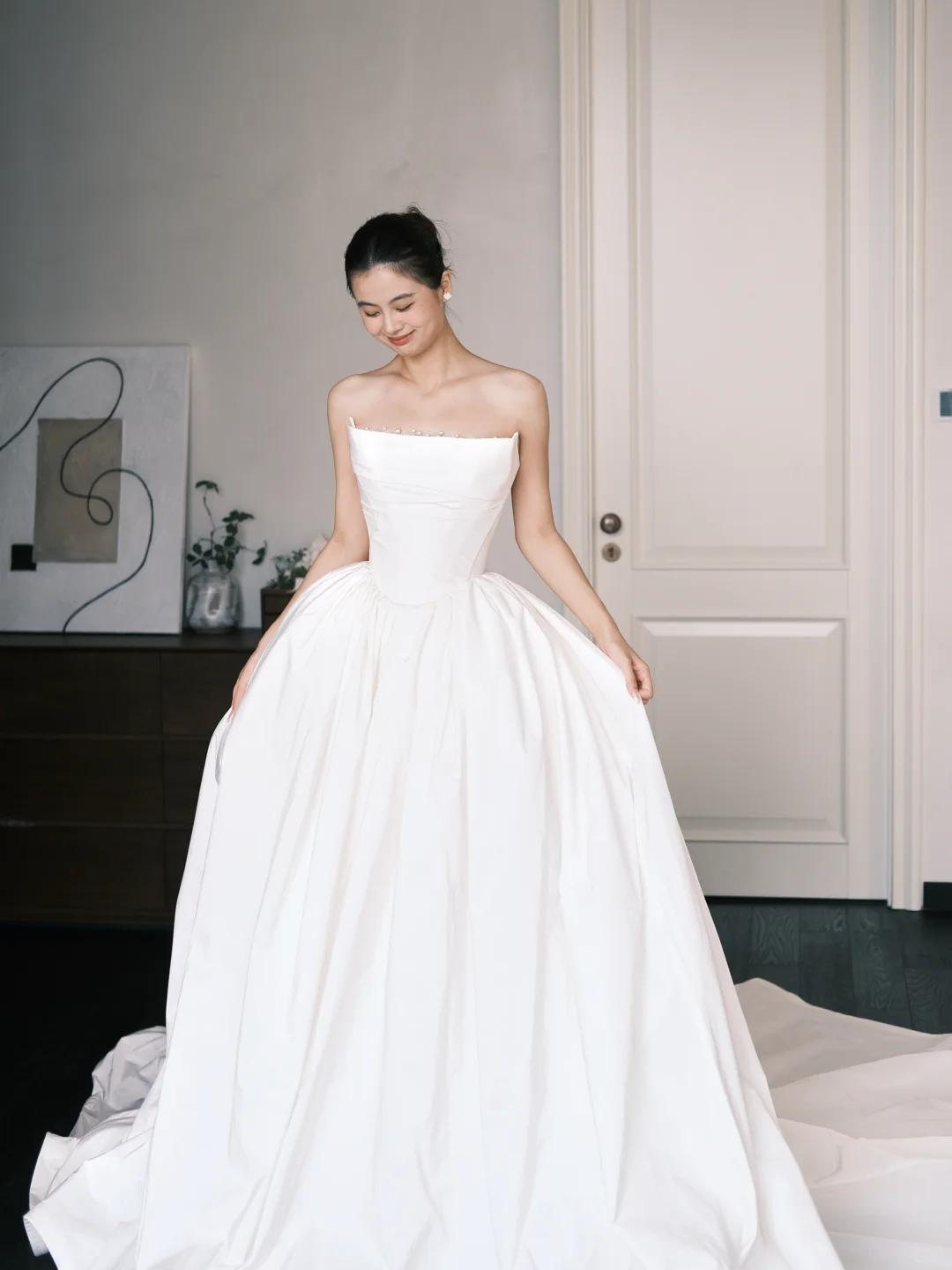 Strapless Boned Satin Ballgown Wedding Dress with Pearl Detail  NV7386