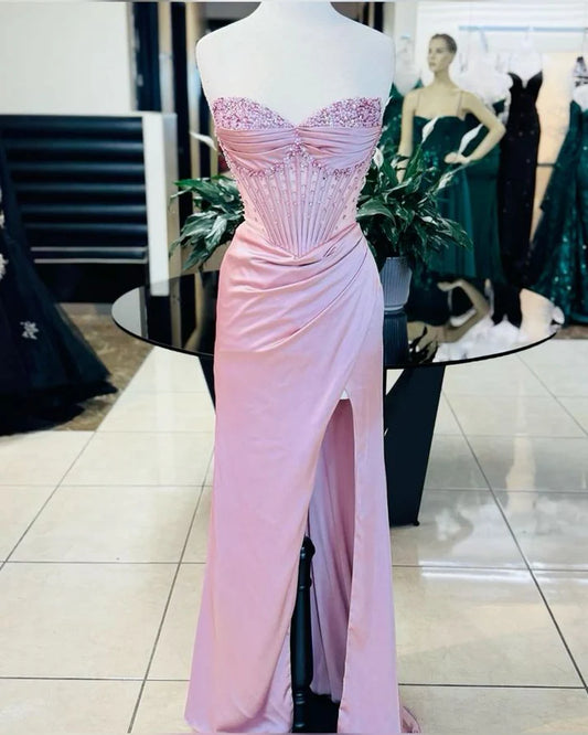 Pink Gorgeous Shiny Exquisite Beaded Long satin Slit Elegant Sexy Ball Gown Evening Dress Party Dress nv4146