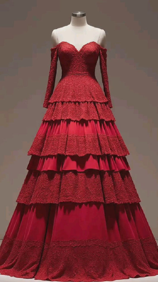 Robe longue à volants, épaules dénudées, manches longues et empiècements en dentelle et satin rouge NiceVestidos NV6165