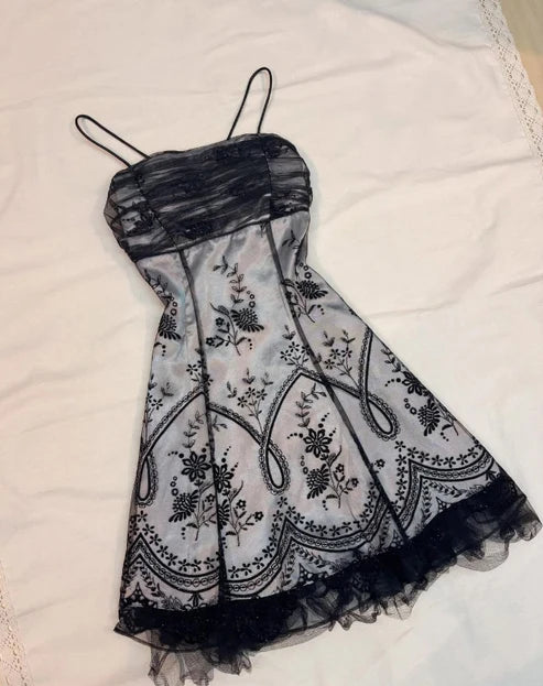 Grey and black chic homecoming dress floral spaghetti strap chiffon short party dress nv4346
