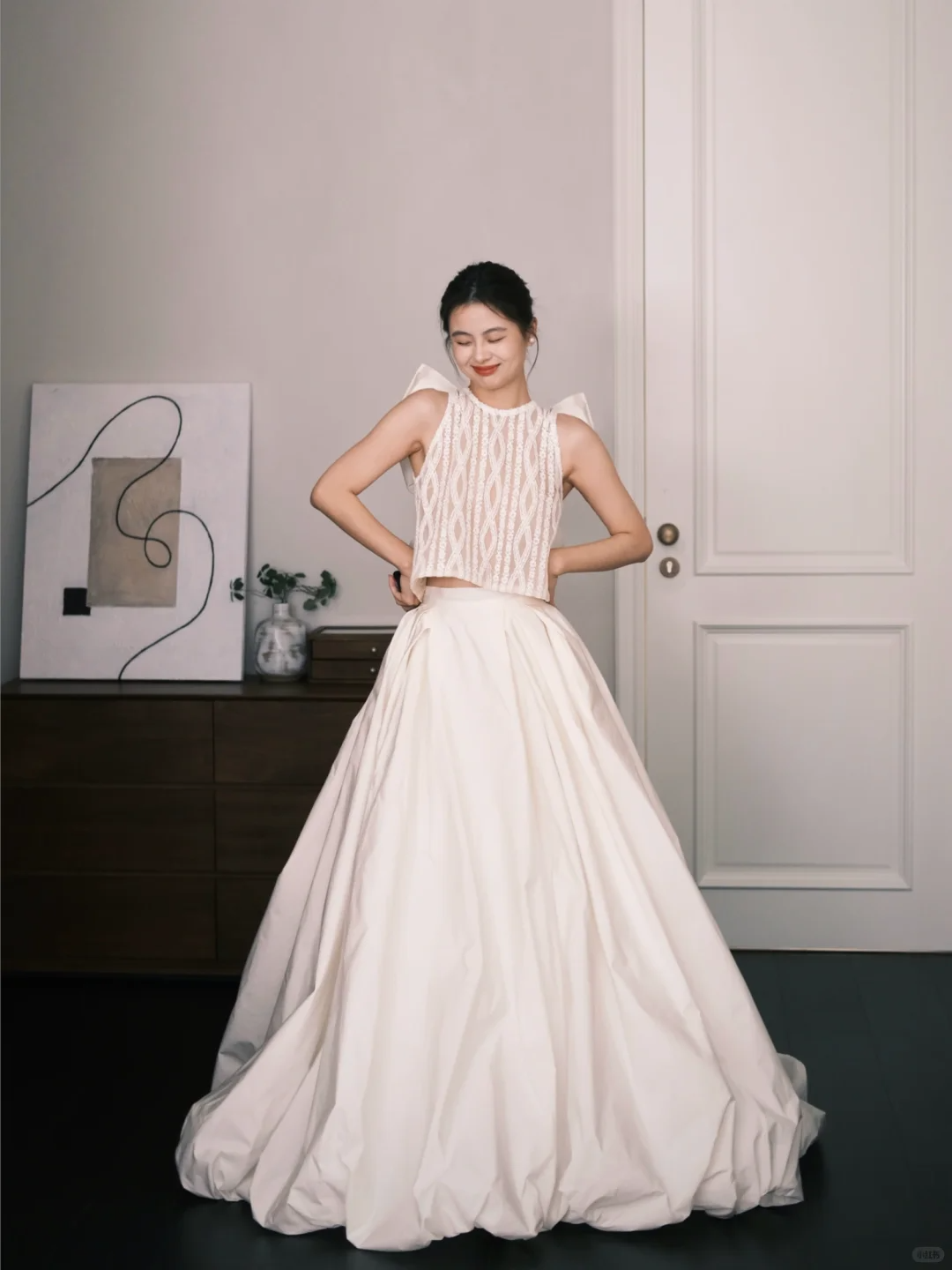 Two Piece Halter Lace Satin Wedding Dress with Back Bow and Pockets  NV7381