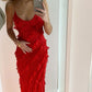 Red Stylish Elegant spaghetti strap Long Chiffon Ruffle Ball Gown Holiday Birthday Party Dress Evening Dress Prom Dress nv3955