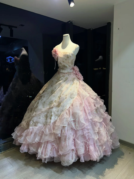 Pink Ombre Spaghetti Straps Ball Gown Gold Glitter Floral 3D Rose Tiered Ruffle Tulle Fairy Prom Dress  NV6939