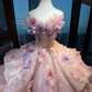 Pink Lavender Strapless Ball Gown 3D Floral Satin Bow Lace Corset Fairy Prom Dress  NV6950
