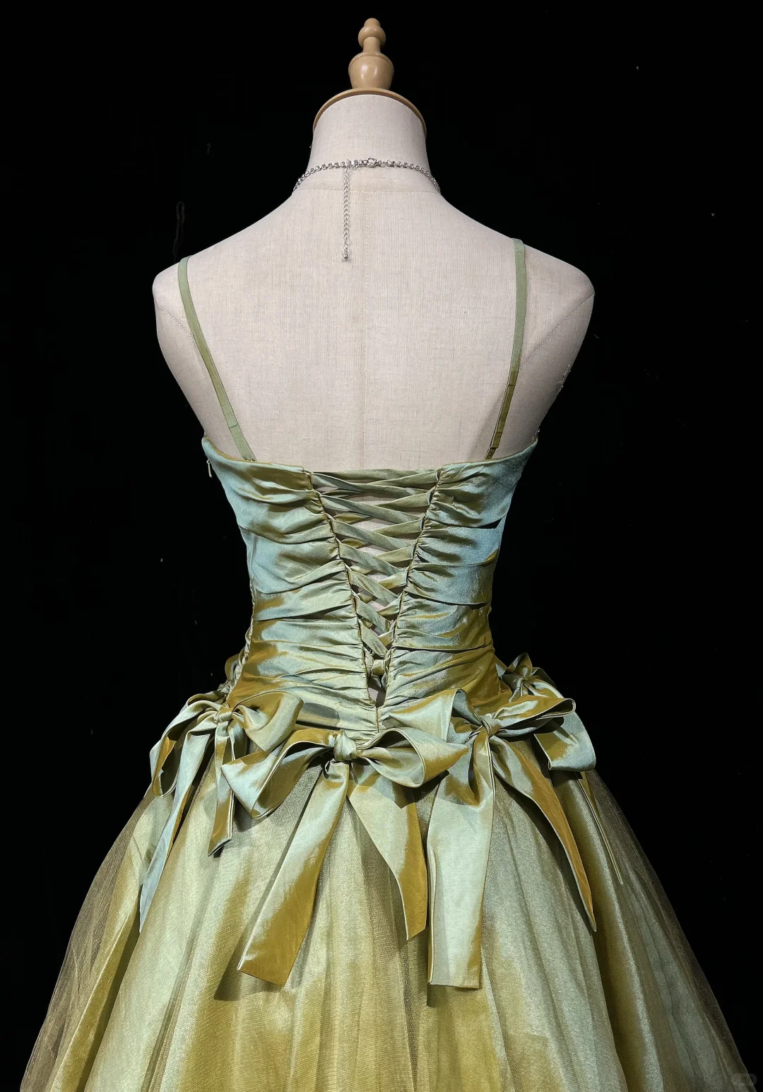 Sage Green Spaghetti Straps Short Prom Dress Rhinestone Trim Satin Bows Voluminous Tulle Mini Formal Gown  NV6894