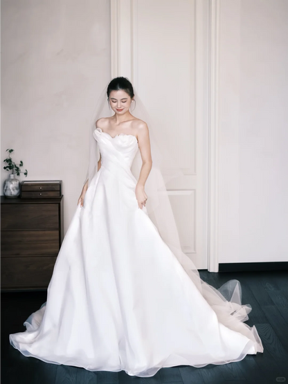 Strapless Ivory Organza Bridal Gown, Ruffle Draped A-line Wedding Dress with Long Train  NV7390