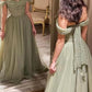 Elegant Off Shoulder Sage Green Evening Dress Luxury Beaded Arabic Long Formal Party Gown nv1194