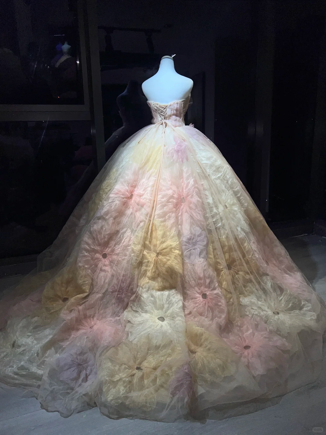 Pink Yellow Ombre 3D Floral Tulle Long Evening Gown Strapless Puffy Ball Gown Prom Dress  NV7076