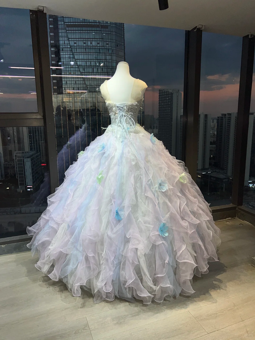 Strapless Lavender Ombre Tulle Ball Gown Detachable Ruffle Sleeve 3D Floral Fairy Prom Dress  NV7000