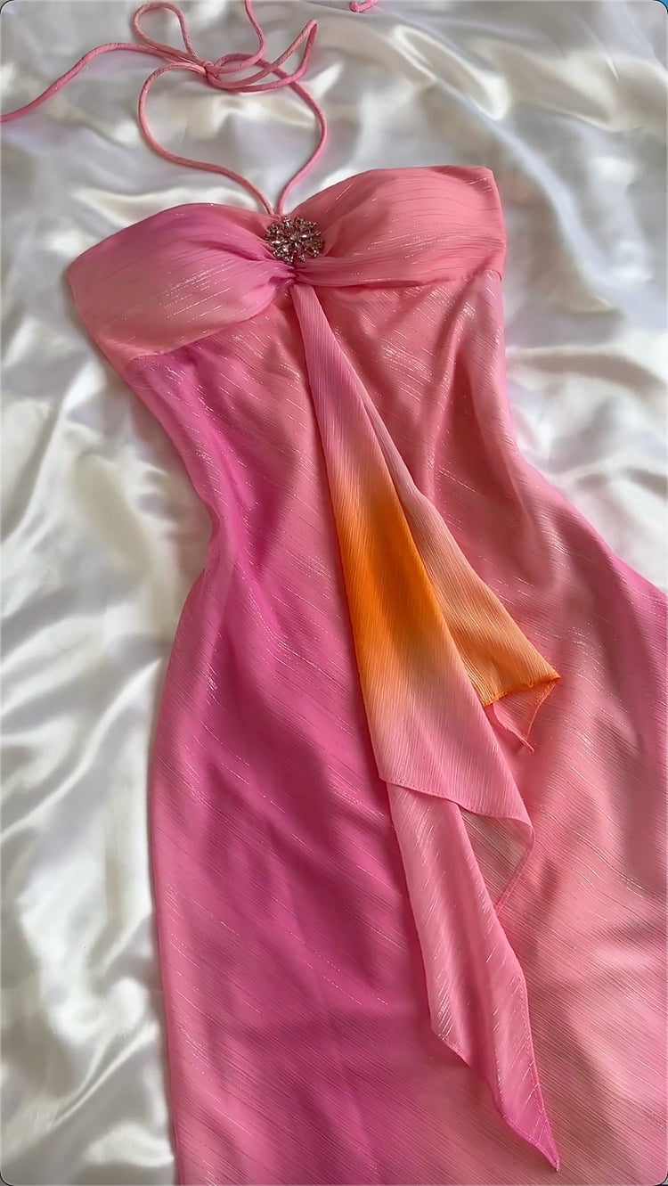 Pink Gradient Fashion Exquisite Beading Spaghetti Strap Long Chiffon Evening Gown Party Dress prom dressnv3579