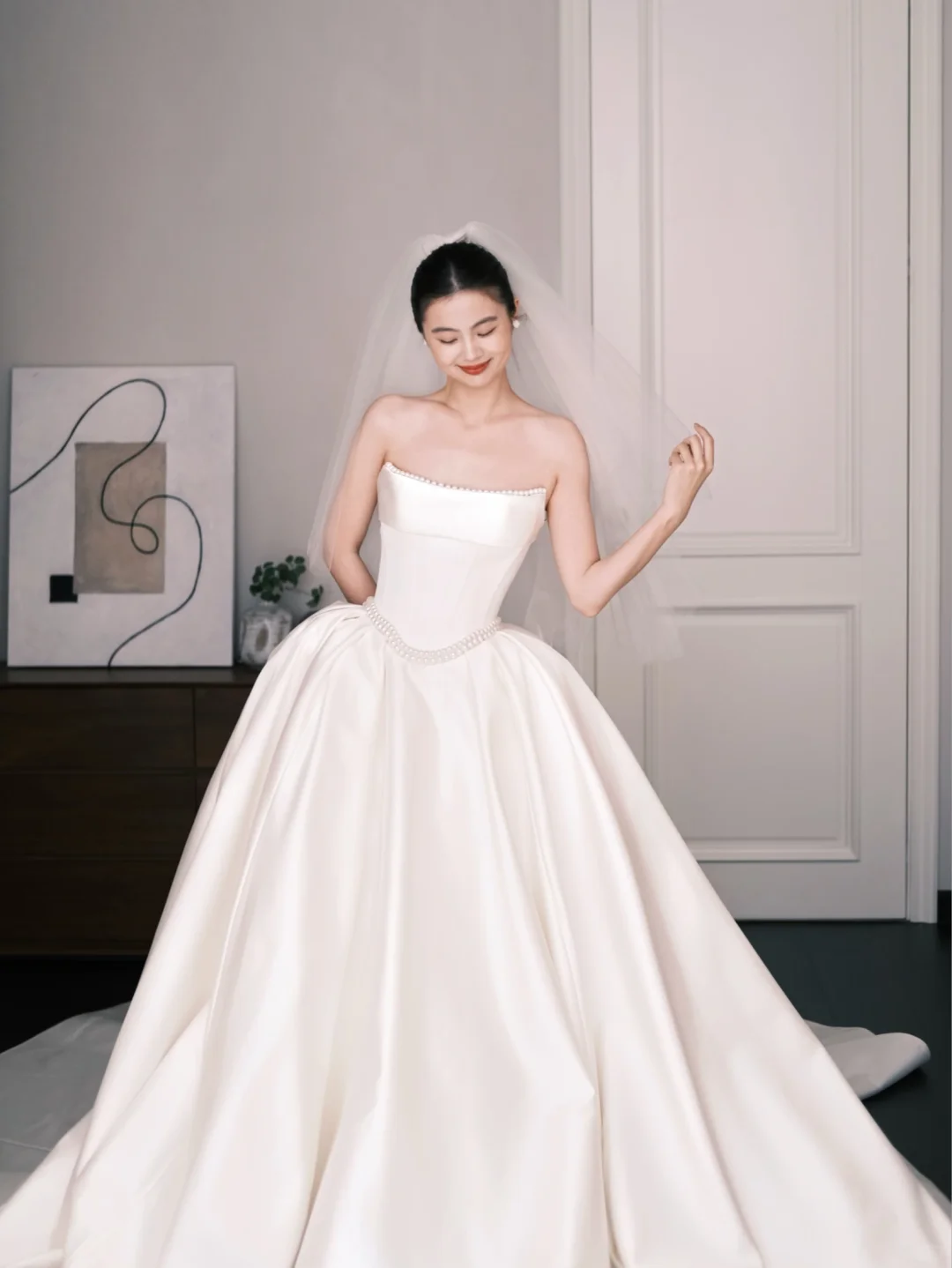 Strapless Pearl Trim Satin Ballgown Wedding Dress Bridal Gown  NV7268