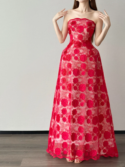 Red Strapless A Line Tulle Evening Dress 3D Flower Applique Gown  NV7116