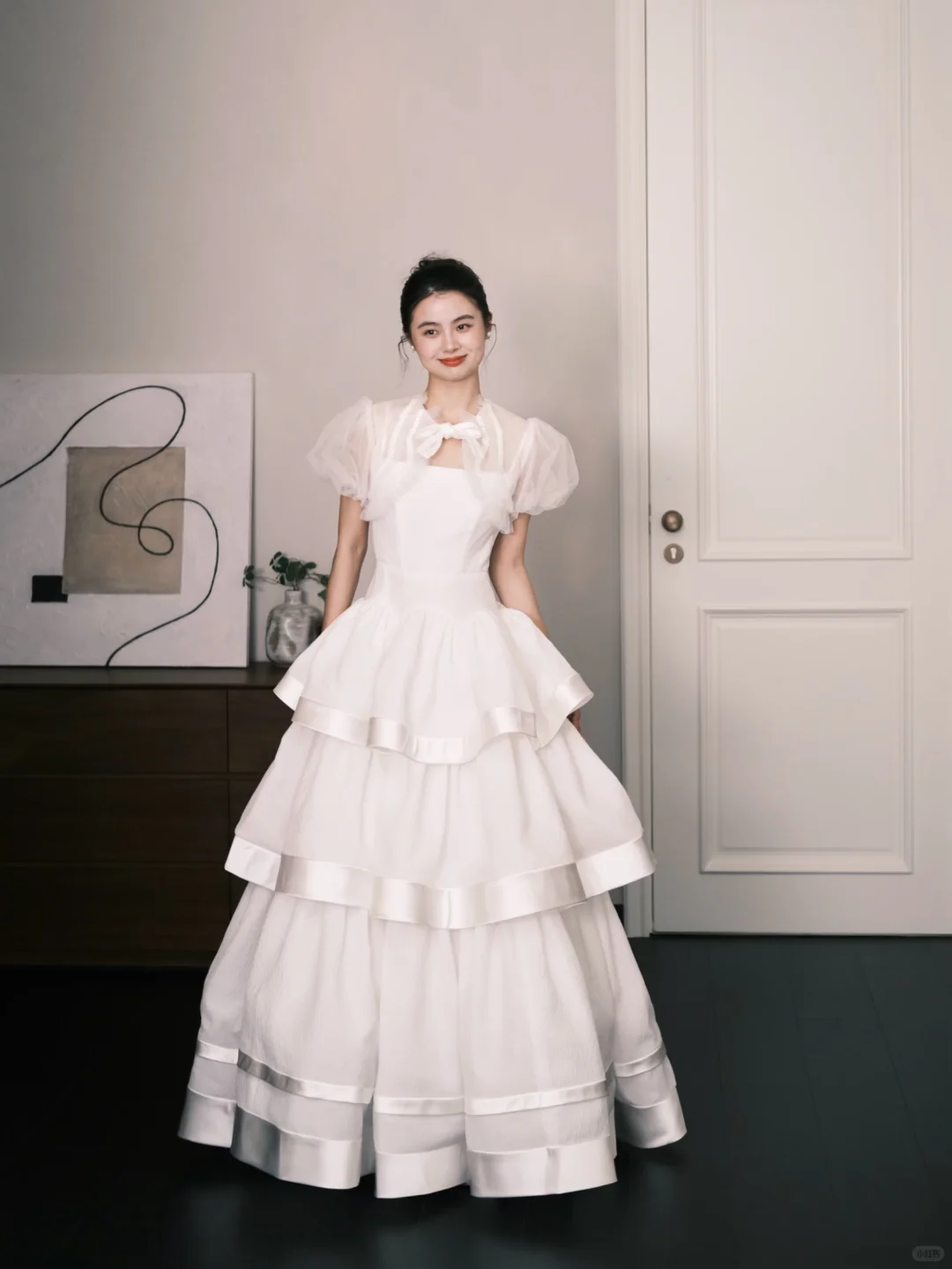 Square Neck Tiered Tulle Wedding Dress with Detachable Puff Sleeves  NV7379