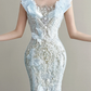 Ice Blue V Neck Prom Gown Ruffle Shoulder Beaded Sequin Mermaid Long Train Evening Dress  NV7161