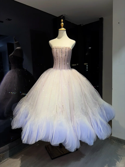 Women Light Purple Ombre Strapless Short Ball Gown, Vertical Beaded Corset Bodice, Sparkle Tulle Fairy Prom Dress  NV6942