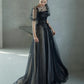 Black Tulle Puffy Short Sleeves A-Line Prom Dress, Black Evening Dress Party Dress nv1698