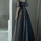Black Tulle Puffy Short Sleeves A-Line Prom Dress, Black Evening Dress Party Dress nv1698