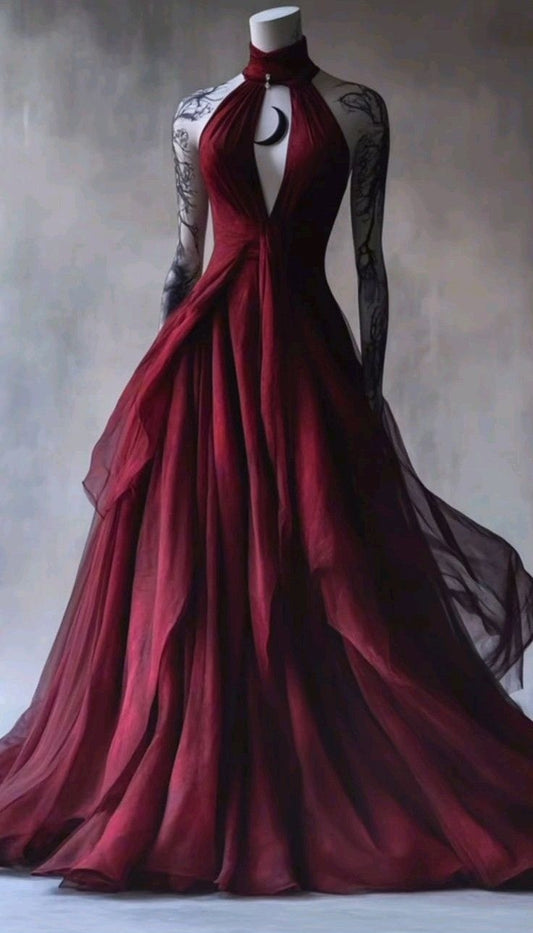 Robe longue en tulle bordeaux à col halter ornée de lune, style romantique sombre, NiceVestidos NV6215