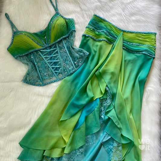 Green Fashion Gradient Two-piece Homecoming Dress Chiffon Short Birthday Party Dress nv4355