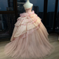Strapless Pink Prom Dress Hand Beaded Sequin Tiered Glitter Tulle Cake Ball Gown  NV7055