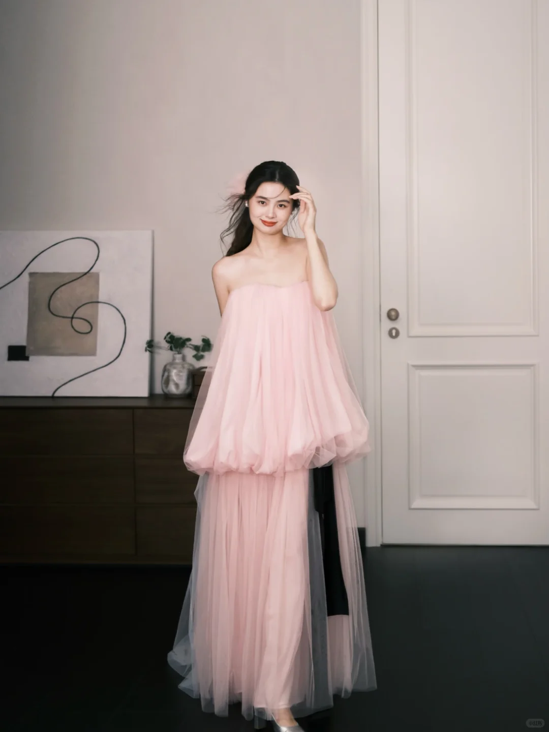 Strapless Blush Pink Bubble Tulle Two Piece Formal Dress with Sheer Pants  NV7364