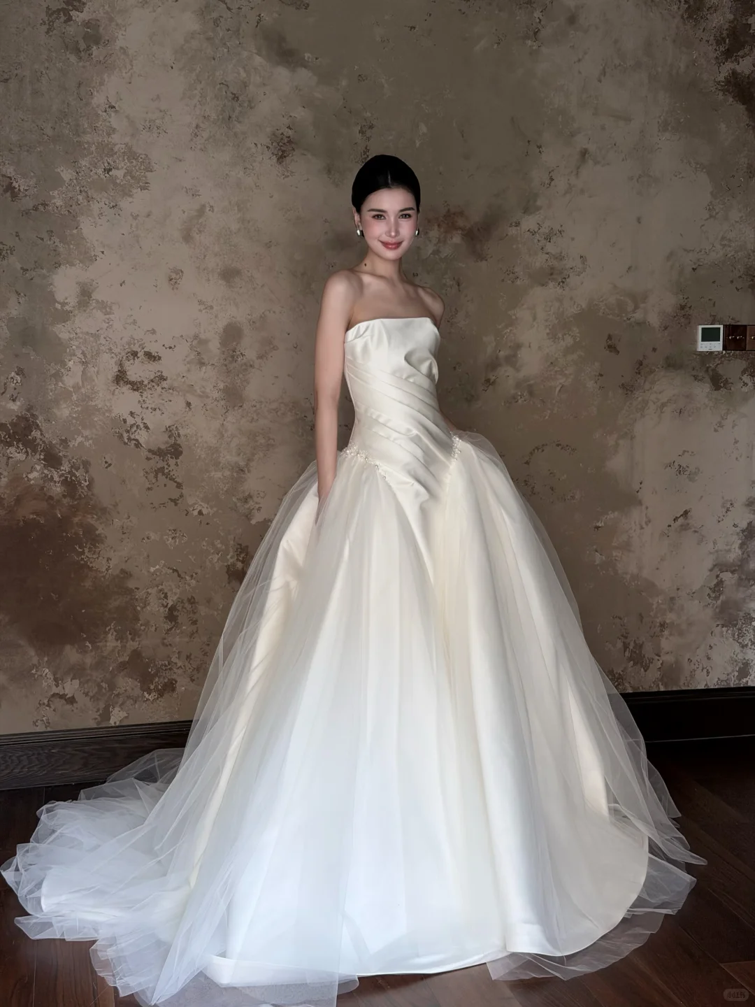 Ivory Strapless Satin Tulle A-Line Wedding Gown with Beaded Waist  NV7191
