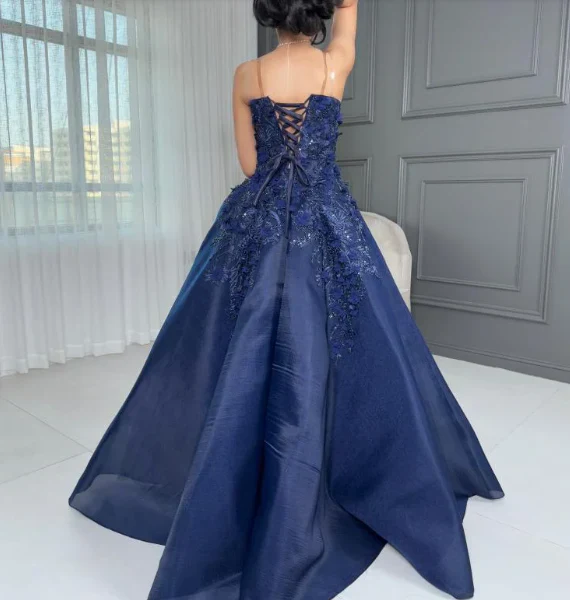 Navy Blue 3D Floral Beaded Ball Gown - Strapless Floor-Length Evening Dress NV6873