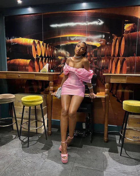 Fashion Pink Off Shoulder Bow Homecoming Dress Short Homecoming Dress Prom Dress Evening Dress nv1853
