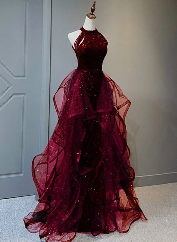 Robe sirène en tulle à sequins dégradés bordeaux, col halter et châle, NiceVestidos NV6223