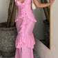Pink ruffled chiffon elegant long spaghetti strap prom dress wedding guest dress nv5202