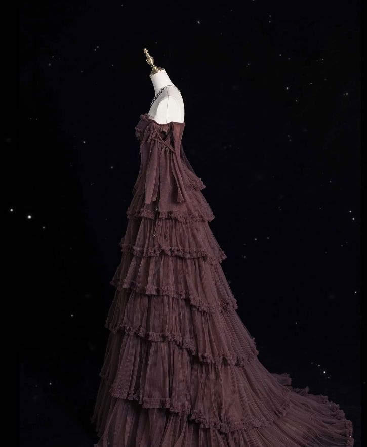 Robe bustier en tulle marron foncé, ornée de perles et d'une traîne à volants, style ciel étoilé NV6229