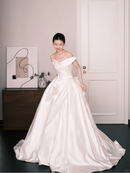 White Off The Shoulder Satin Ball Gown Wedding Dress  NV7228
