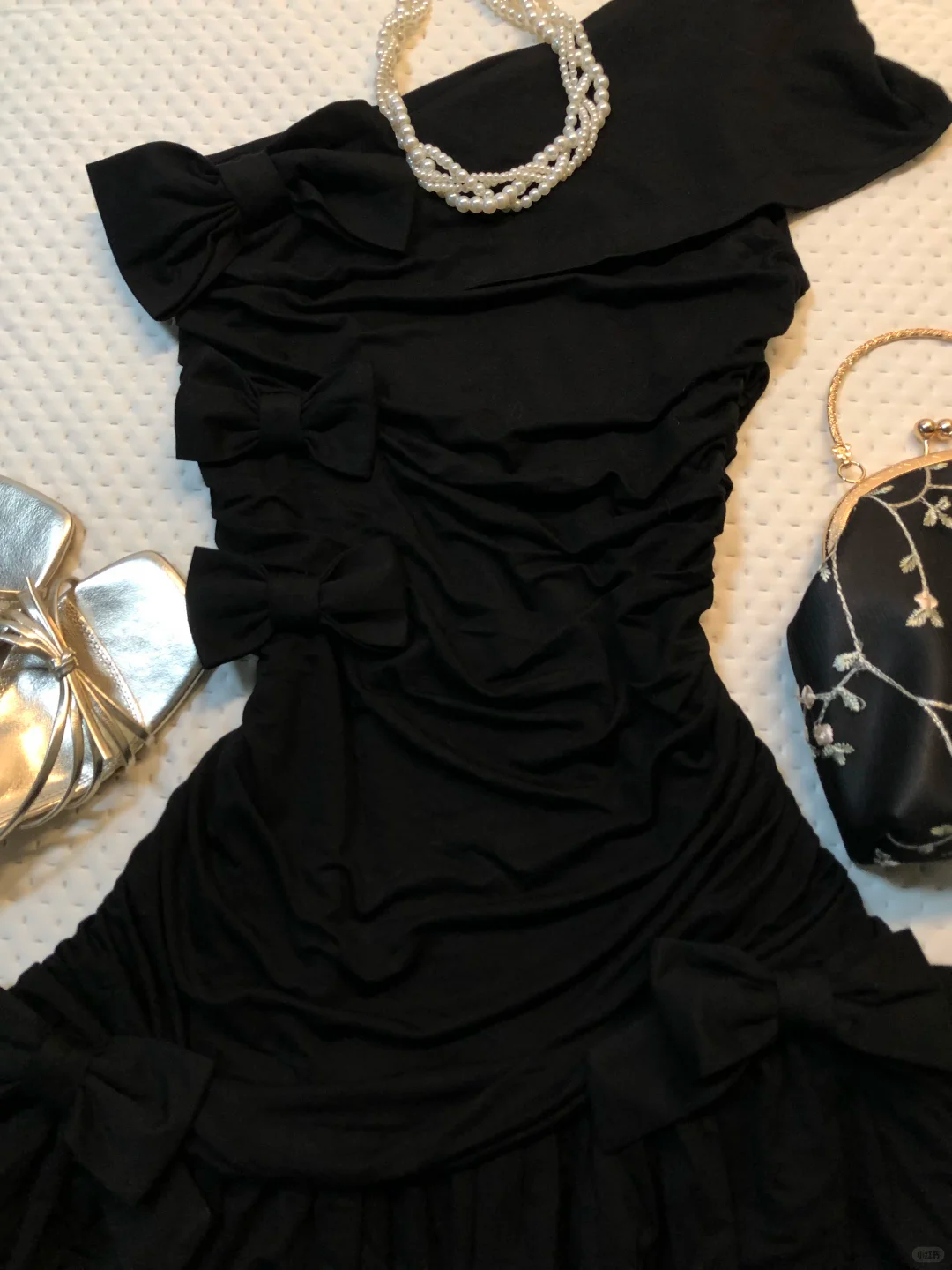 Black One Shoulder Short Homecoming Dress Ruffle Hem 3D Bow Ruched Bodycon Vintage Cocktail Gown  NV6912