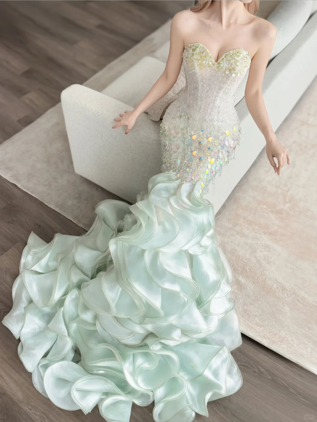 Mint Green Strapless Mermaid Prom Dress Iridescent Sequin Layered Ruffle Train  NV7135