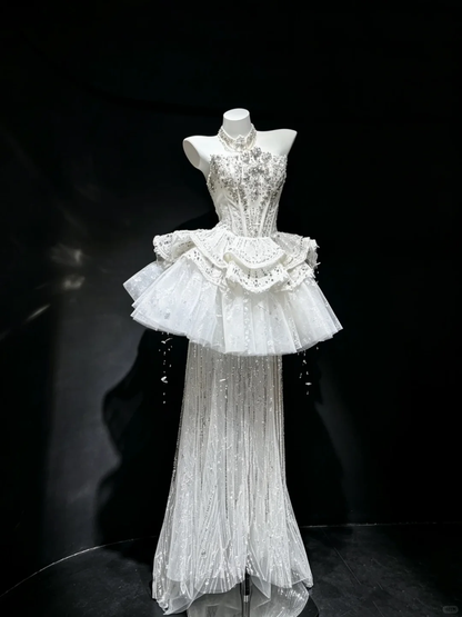 White High Neck Strapless Corset Evening Gown Rhinestone Beaded 2-in-1 Ruffle Tulle Mermaid Long Train Prom Dress  NV6997