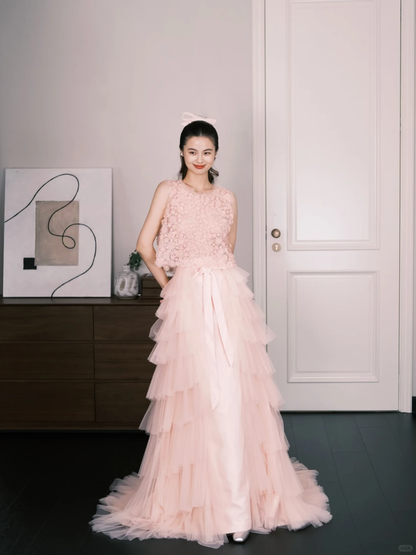 Blush Pink 3D Floral Tiered Tulle Prom Dress, Two Piece Evening Gown  NV7287