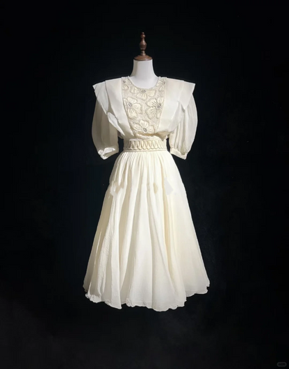 Cream White Vintage Tea Length Prom Dress Round Neck Puff Sleeve Floral Beaded Chiffon A-Line Formal Gown  NV6904