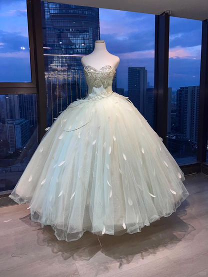 Strapless Light Mint Green Fairy Ball Gown Rhinestone Beaded Sparkle Tulle Feather Long Prom Dress  NV7028