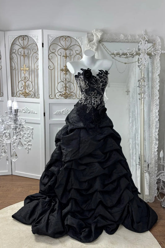 Robe de bal bustier de luxe avec traîne et perles - Robe de soirée de bal 3D rose foncé de style courtois NV6843