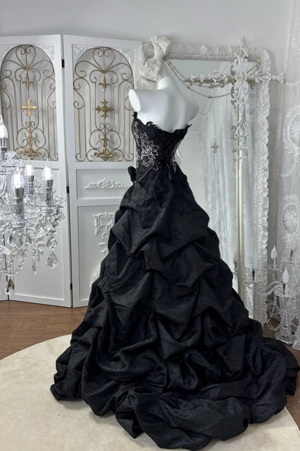 Robe de bal bustier de luxe avec traîne et perles - Robe de soirée de bal 3D rose foncé de style courtois NV6843