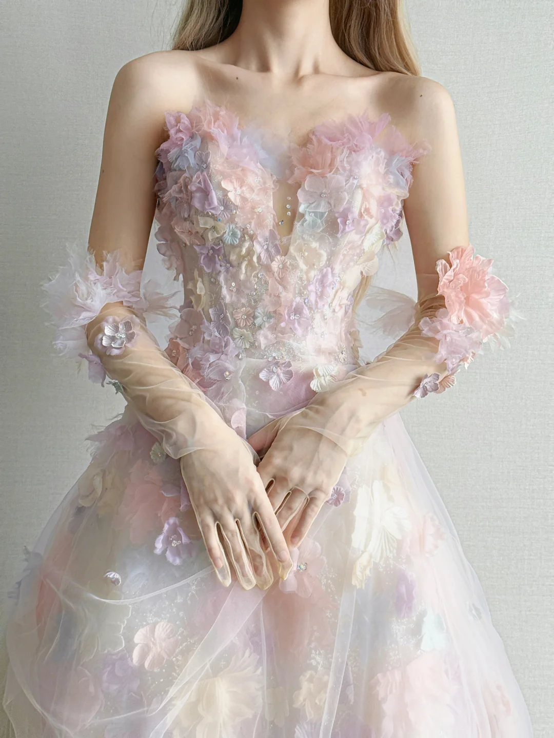 Pink Ombre 3D Floral Strapless Prom Gown Tulle Formal Dress with Gloves  NV7167
