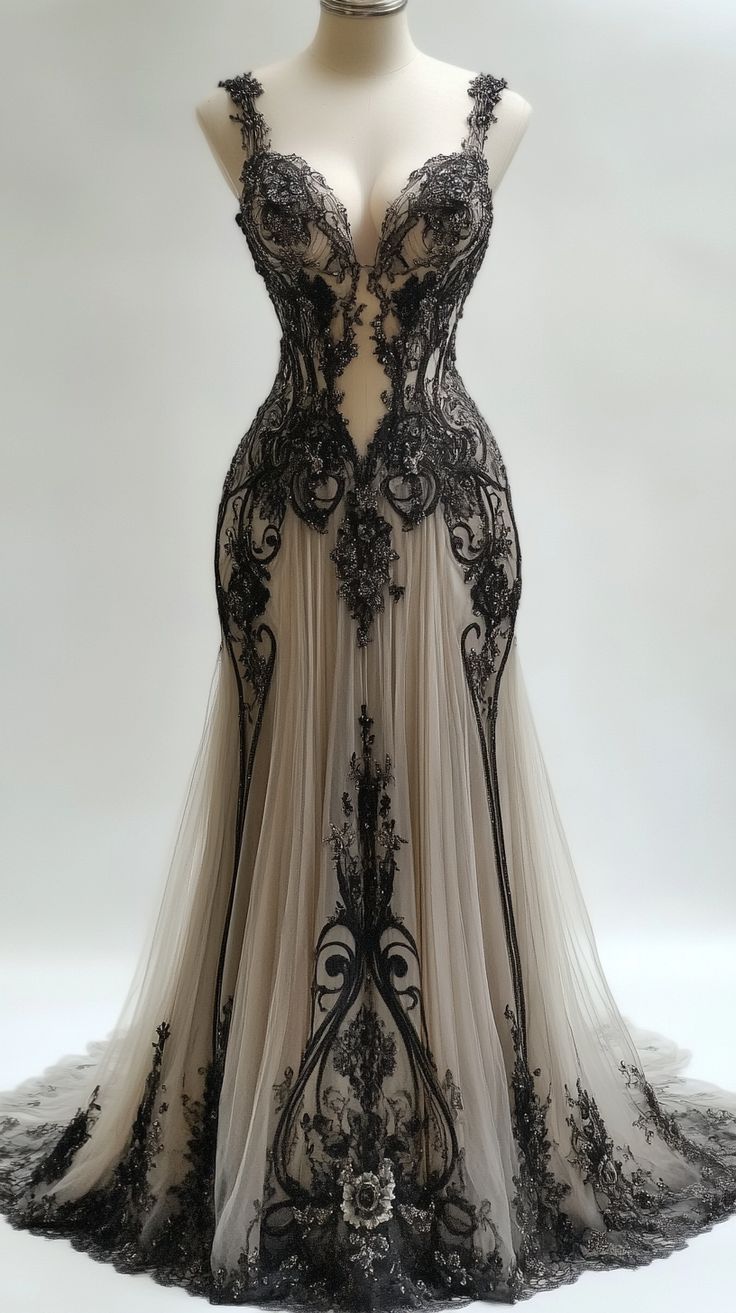 Robe sirène longue en tulle contrasté noir et gris, ornée de dentelle 3D et à fines bretelles, modèle NV6208