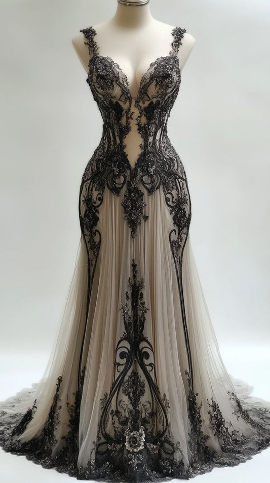 Robe sirène longue en tulle contrasté noir et gris, ornée de dentelle 3D et à fines bretelles, modèle NV6208