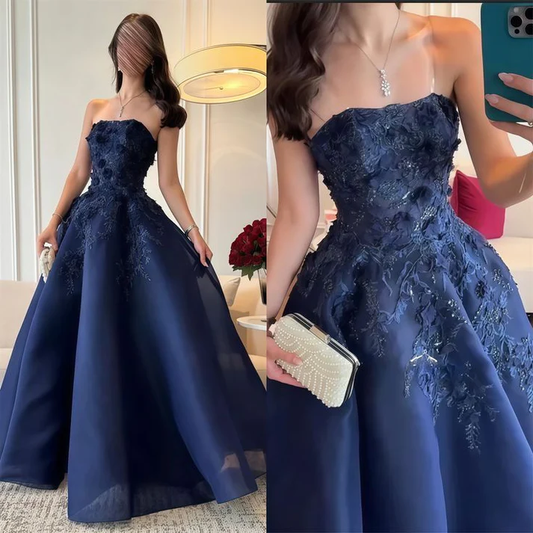 Navy Blue 3D Floral Beaded Ball Gown - Strapless Floor-Length Evening Dress NV6873