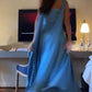 Blue Strapless Pleated A-Line Satin Long Ball Gown Party Dress Evening Gown nv2337